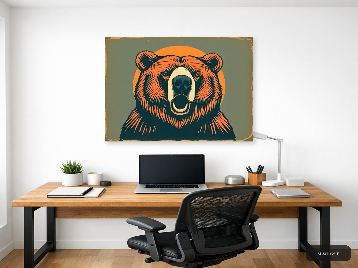 Vintage Bear Head Portrait Orange & Teal Wall Art — A1 / Office