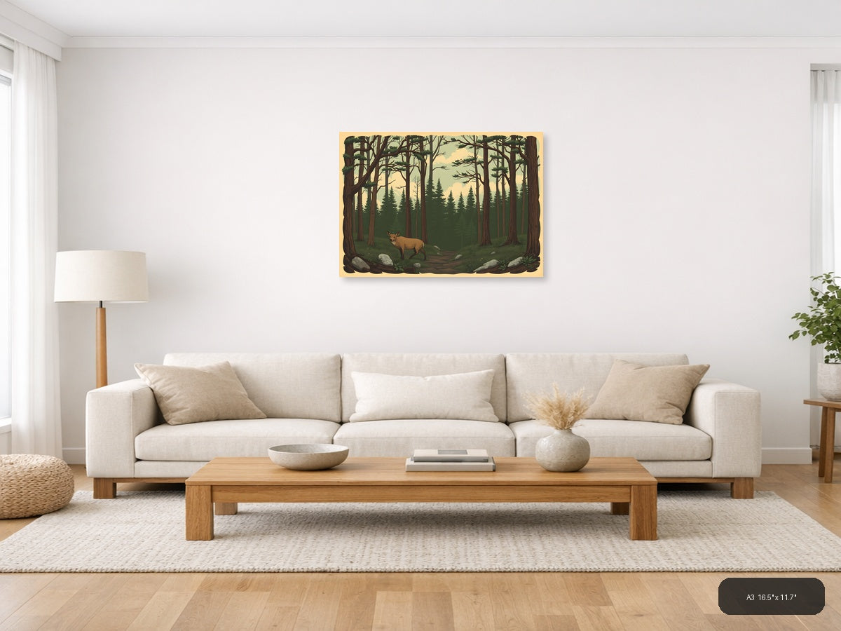Vintage Forest Deer Landscape Wall Art — A3 / Living Room