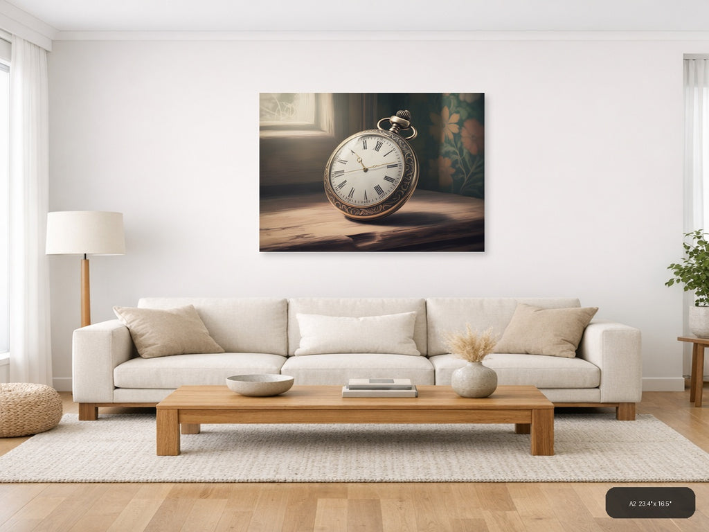 Vintage Pocket Watch with Roman Numerals Wall Art — A2 / Living Room