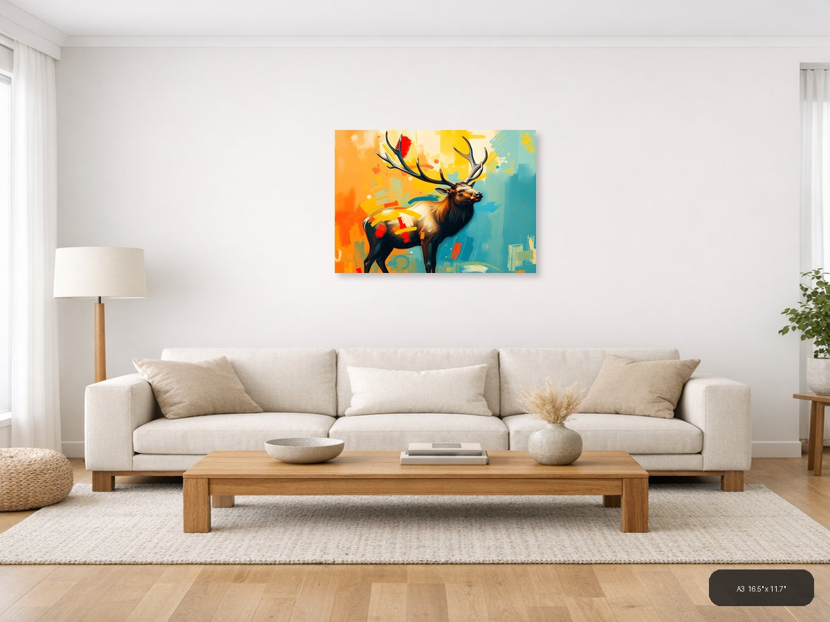 Abstract Elk with Colorful Geometric Patterns Wall Art — A3 / Living Room