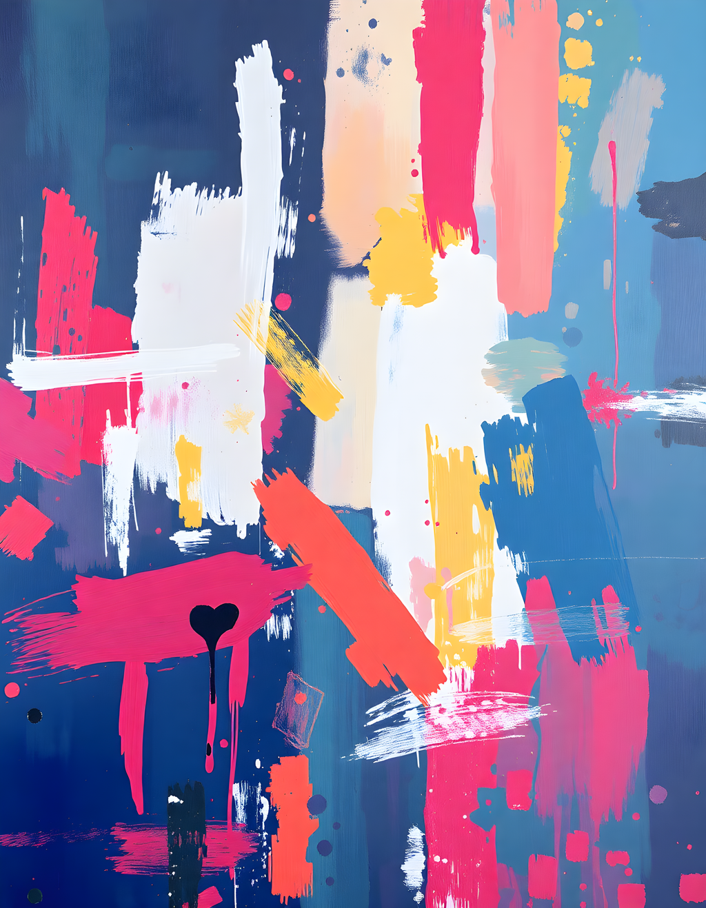 Vibrant Abstract Paint Splatter Blue Pink Yellow Wall Art