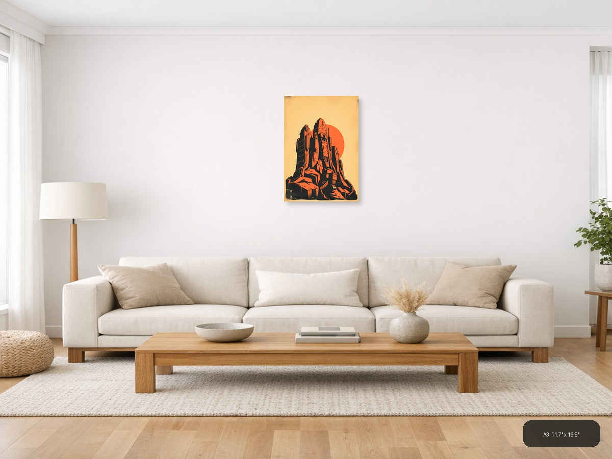 Vintage Futuristic Tower Sunset Orange Black Wall Art — A3 / Living Room