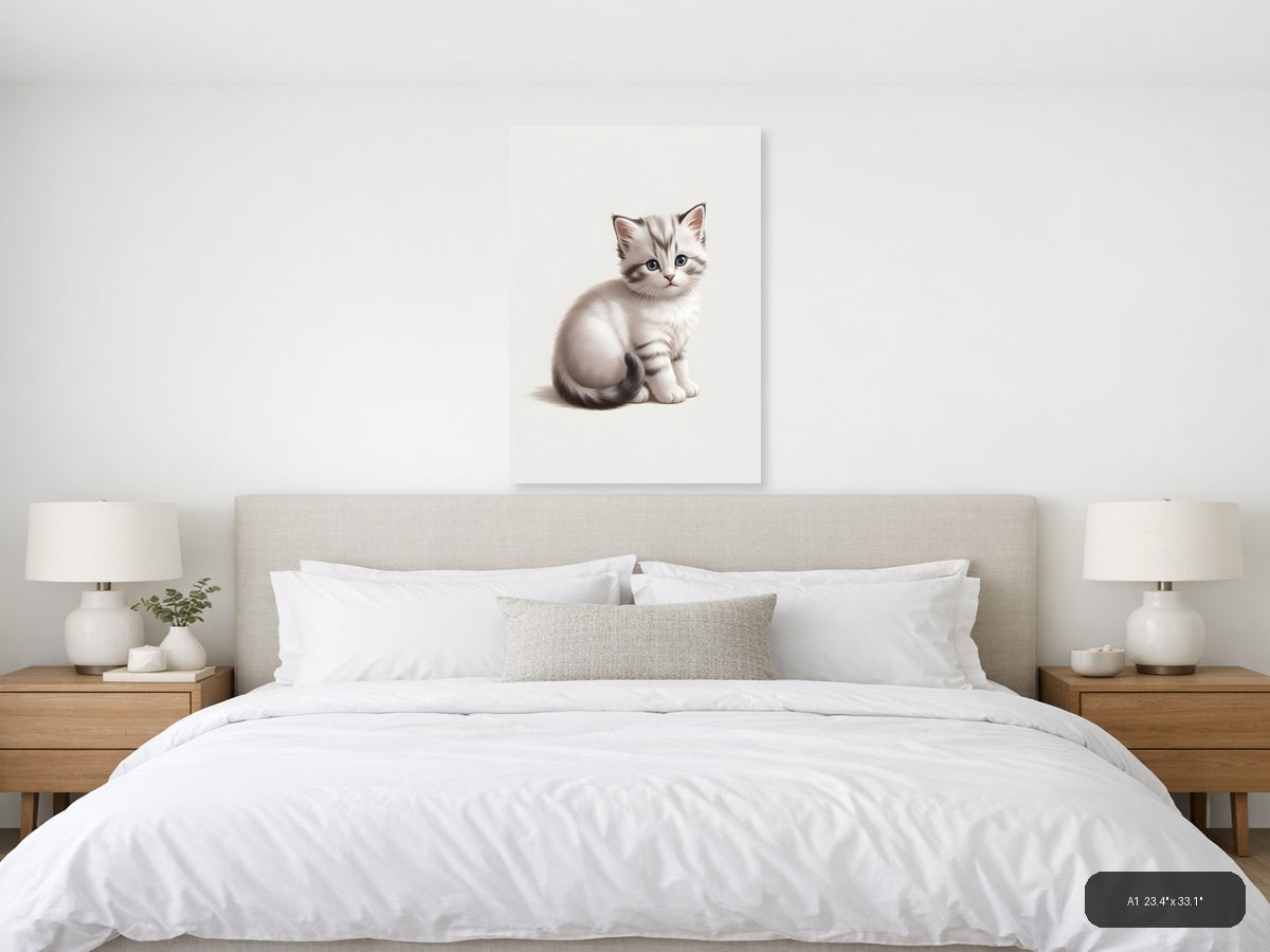 White Kitten with Blue Eyes Minimalist Portrait Wall Art — A1 / Bedroom