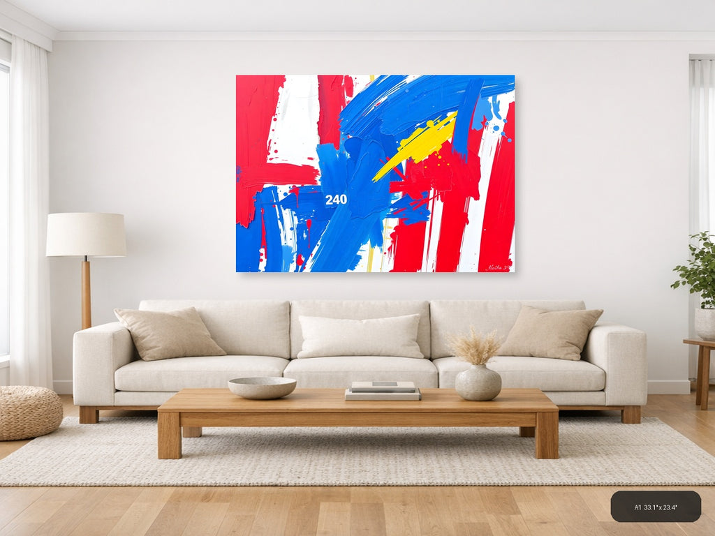 Abstract Red Blue Yellow Expressionist Brushstroke Wall Art — A1 / Living Room