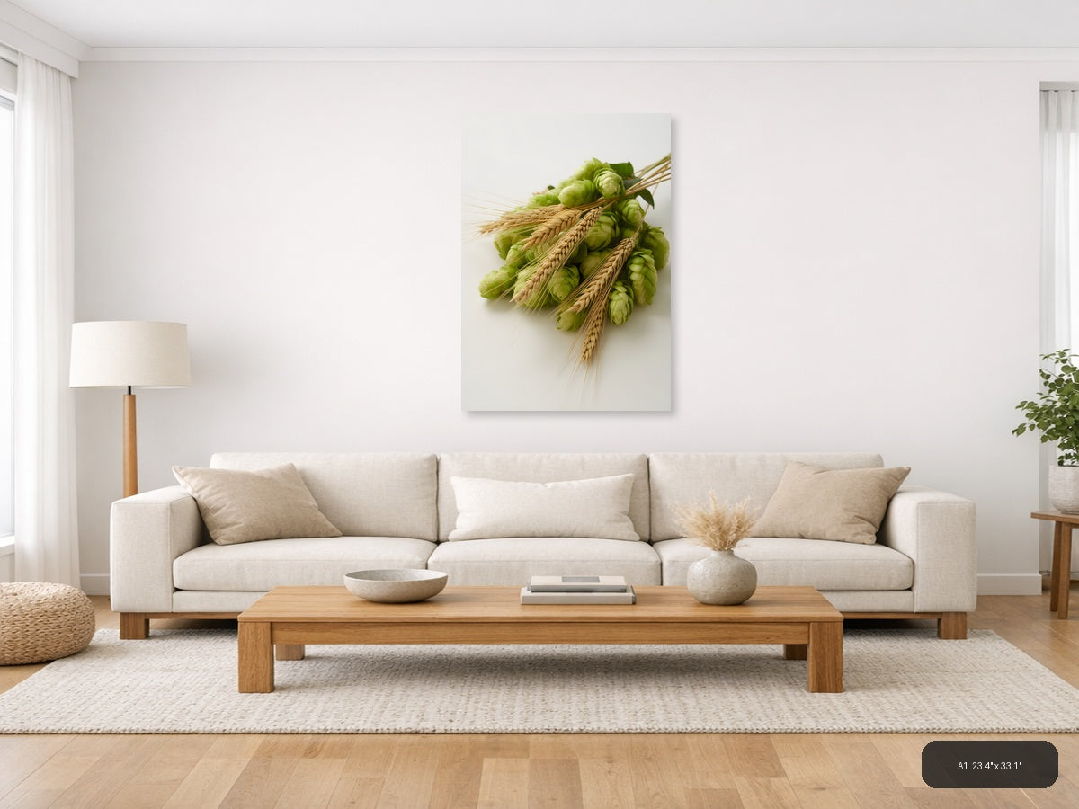 Hops and Wheat Minimalist Botanical Wall Art — A1 / Living Room