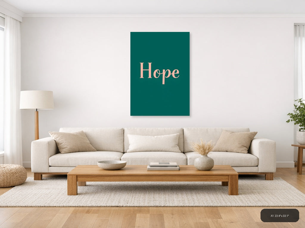 Hope Minimalist Teal and Coral Wall Art Print — A1 / Living Room