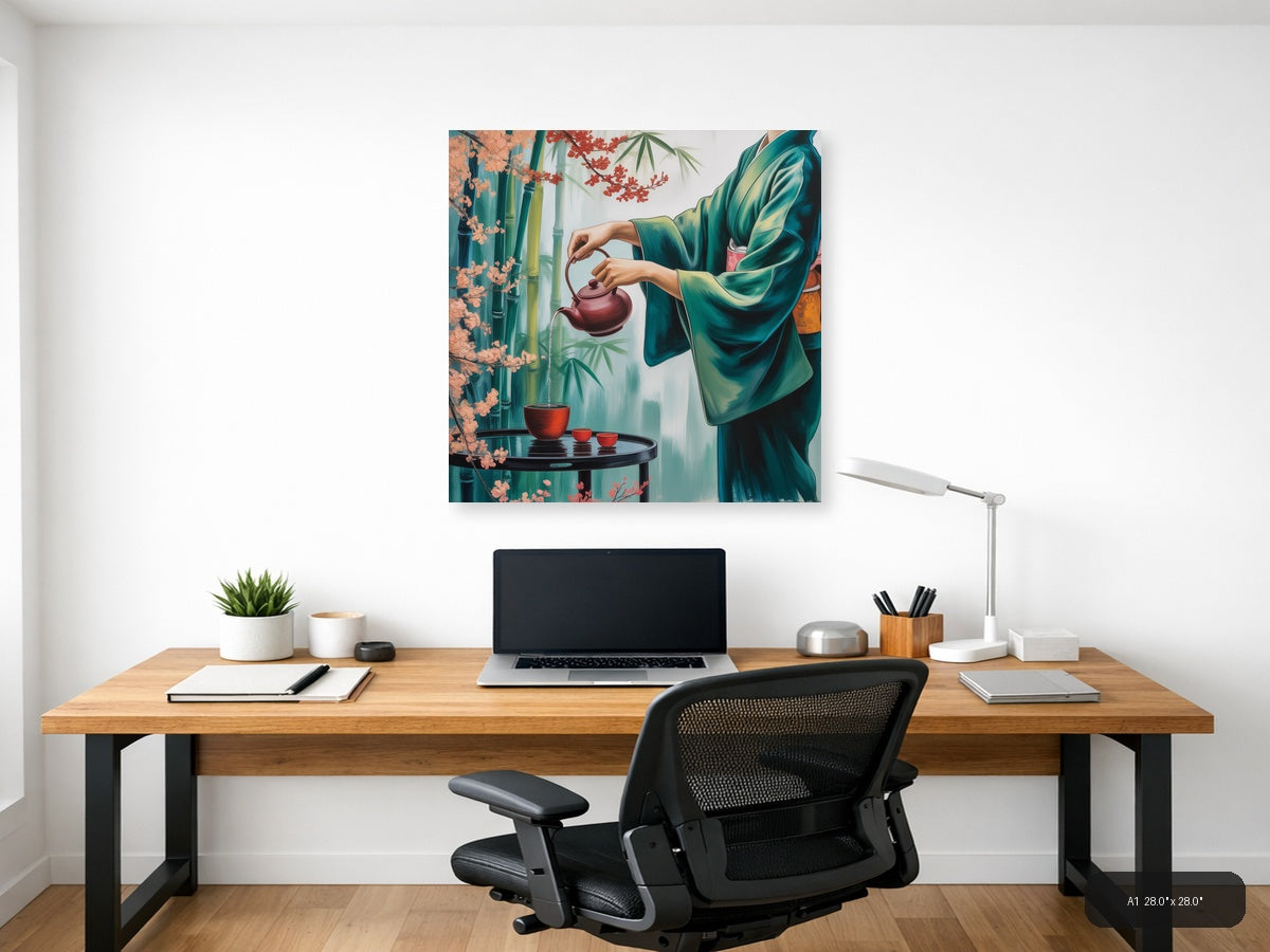 Asian Tea Ceremony Green Silk Wall Art — A1 / Office
