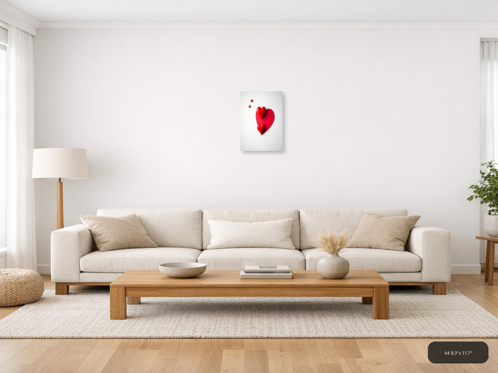 Red Hearts 3D Minimalist Design | Modern Love Canvas Wall Art — A4 (Living Room)