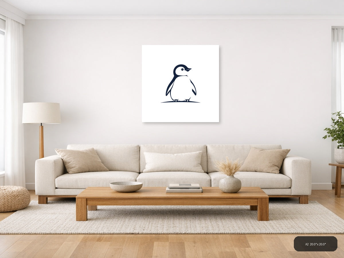 Minimalist Penguin Illustration Navy Blue Wall Art — A2 / Living Room