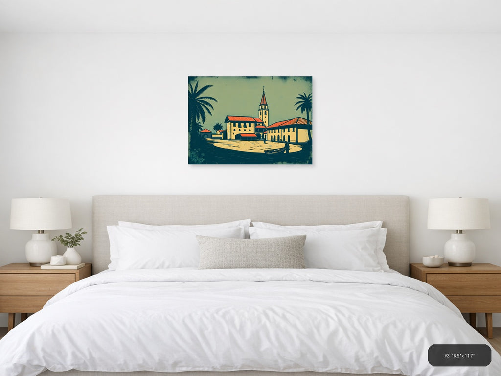 Vintage Tropical Church Landscape Wall Art — A3 / Bedroom