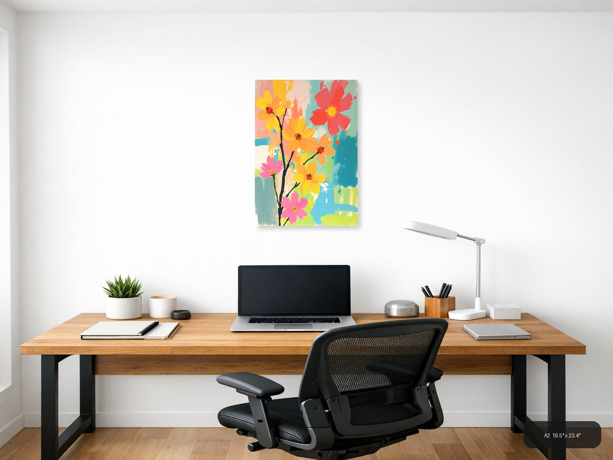 Colorful Abstract Flowers on Branch Portrait Wall Art — A2 / Office