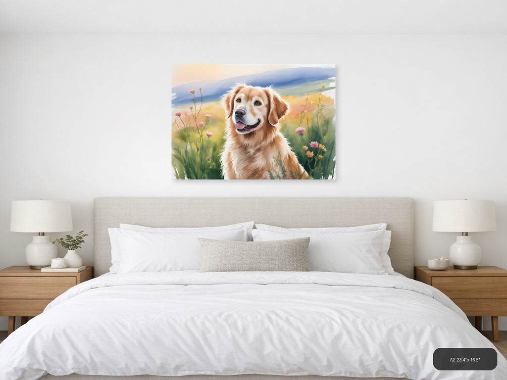 Golden Retriever in Wildflower Meadow Watercolor Wall Art — A2 / Bedroom