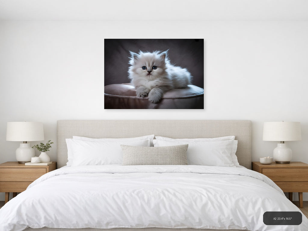 Fluffy White Kitten Portrait Photography Wall Art — A2 / Bedroom