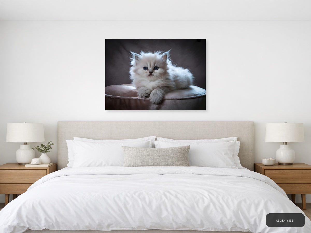 Fluffy White Kitten Portrait Photography Wall Art — A2 / Bedroom
