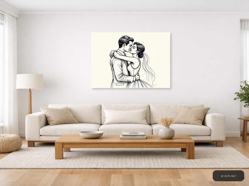 Romantic Couple Embracing Line Art Wall Art — A2 / Living Room