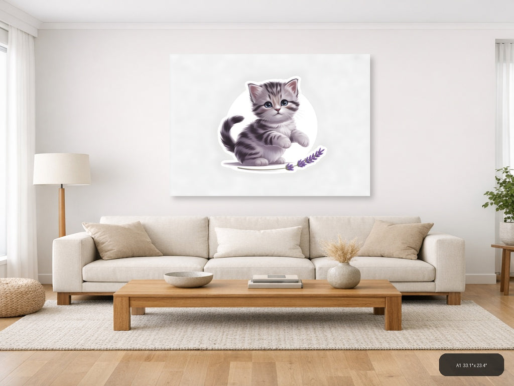 Cute Gray Tabby Kitten with Lavender - Minimalist Wall Art — A1 / Living Room