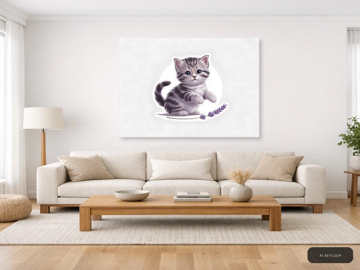 Cute Gray Tabby Kitten with Lavender - Minimalist Wall Art — A1 / Living Room
