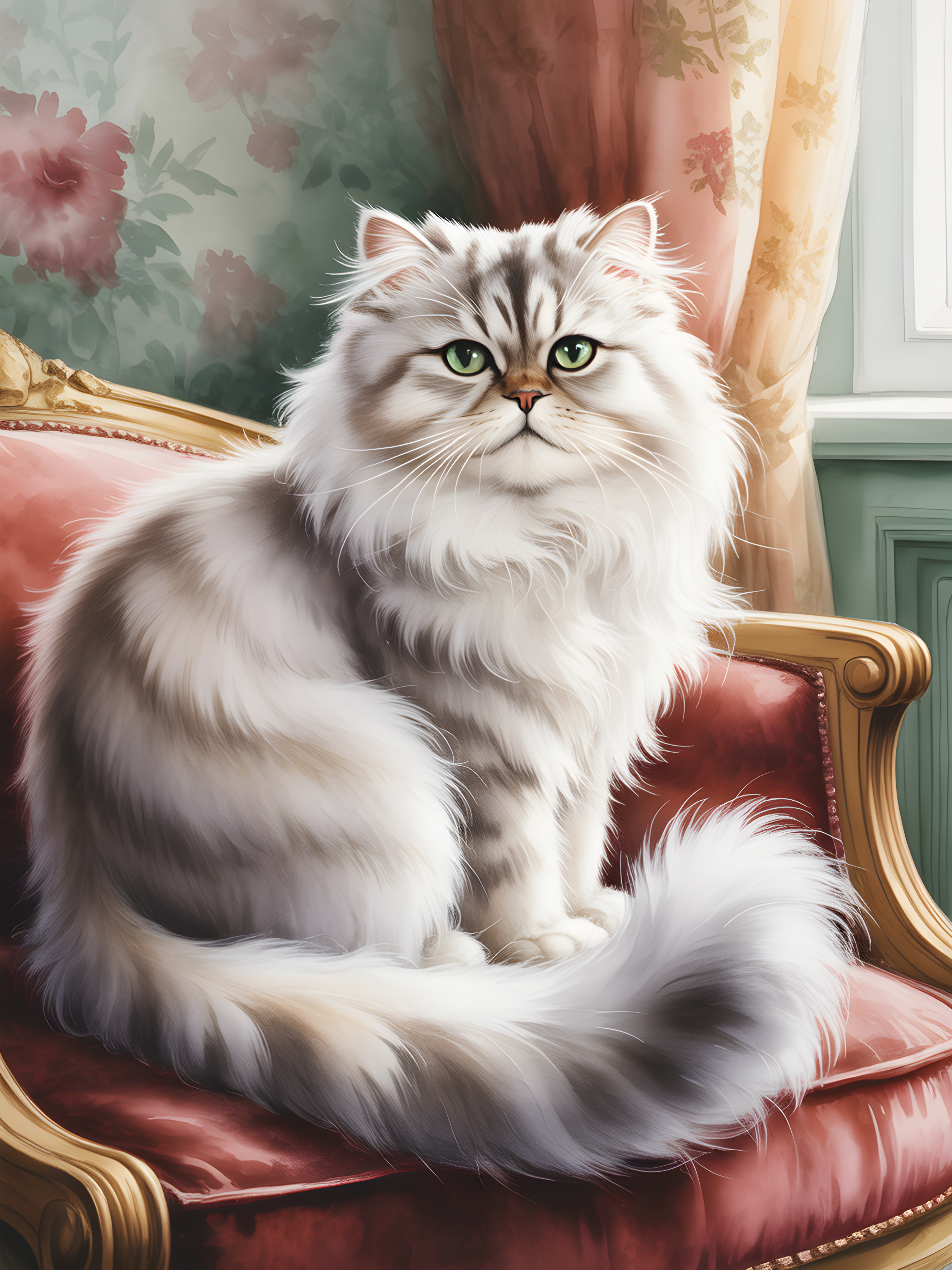 Fluffy White Cat Portrait Watercolor Wall Art