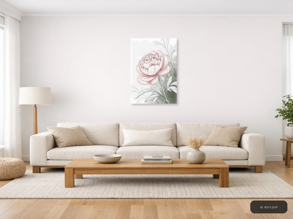 Pink Peony Line Art with Green Leaves Wall Art — A2 / Living Room