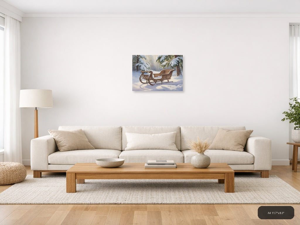 Wooden Sleigh in Snowy Forest Watercolor Wall Art — A4 / Living Room