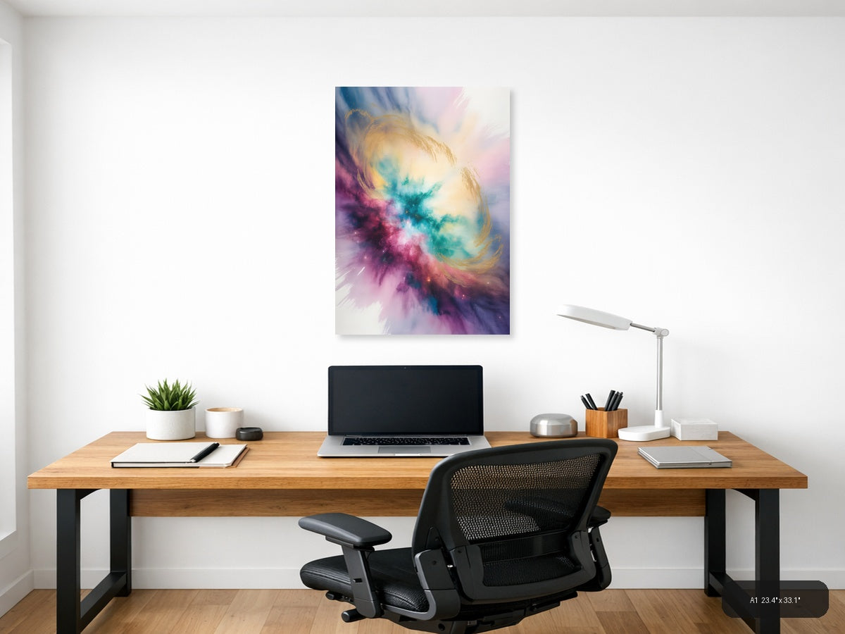 Cosmic Watercolor Nebula in Pink and Teal Wall Art — A1 / Office