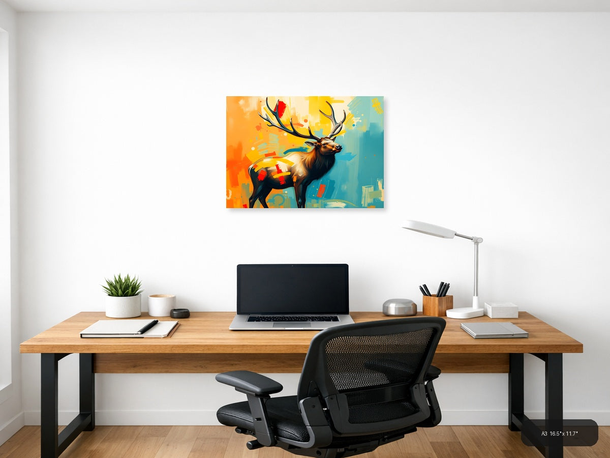 Abstract Elk with Colorful Geometric Patterns Wall Art — A3 / Office