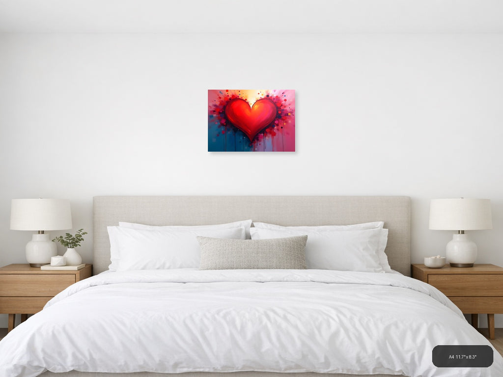 Red Heart Abstract Explosion Splatter Wall Art — A4 / Bedroom