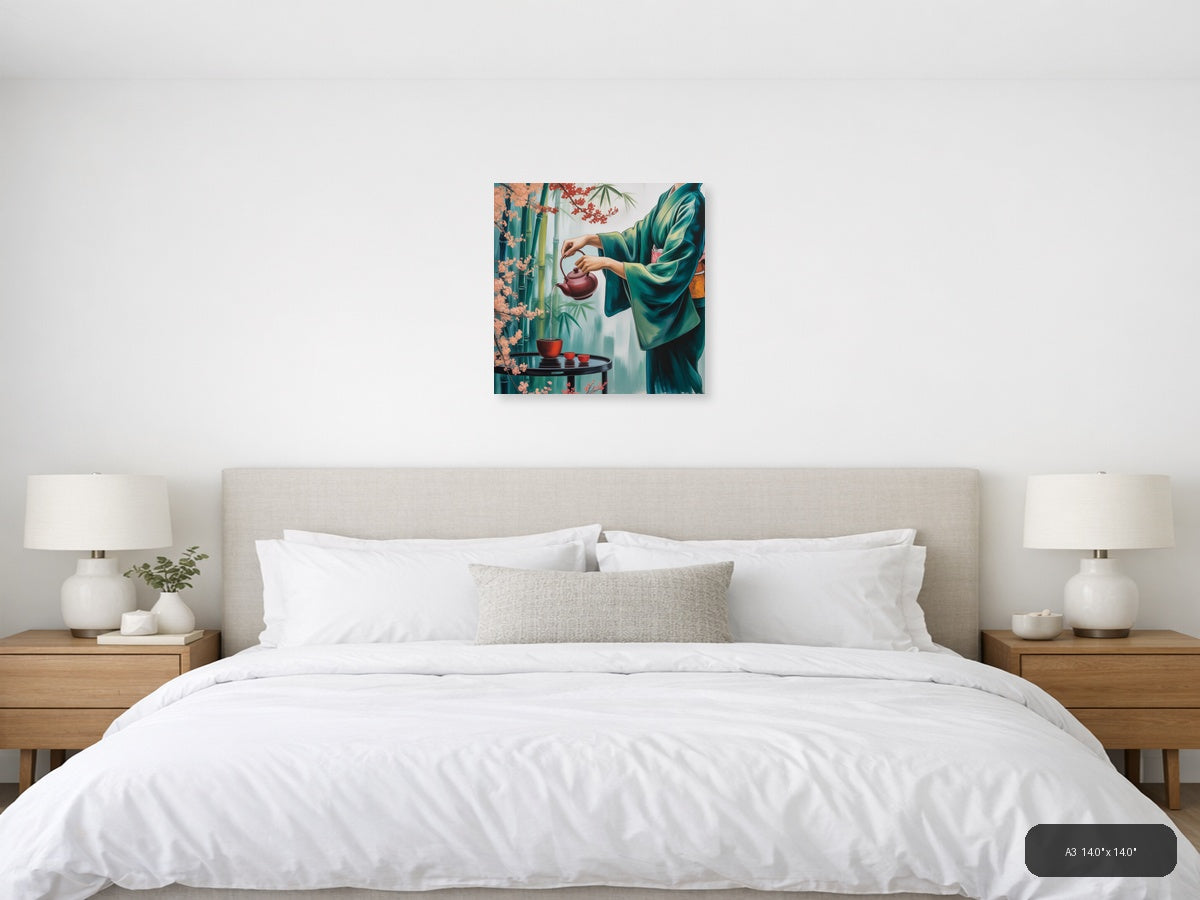 Asian Tea Ceremony Green Silk Wall Art — A3 / Bedroom