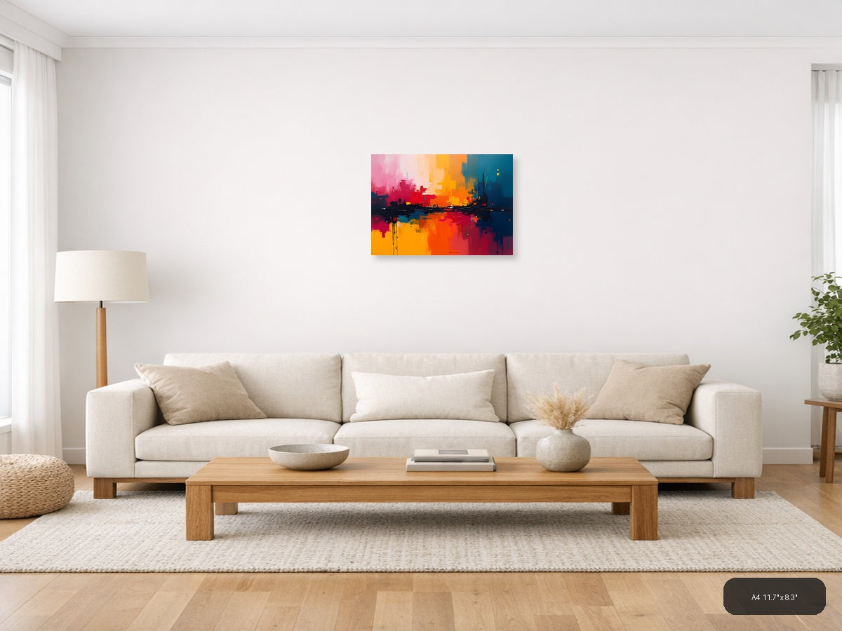 Vibrant Abstract Cityscape Sunset Reflection Wall Art — A4 / Living Room