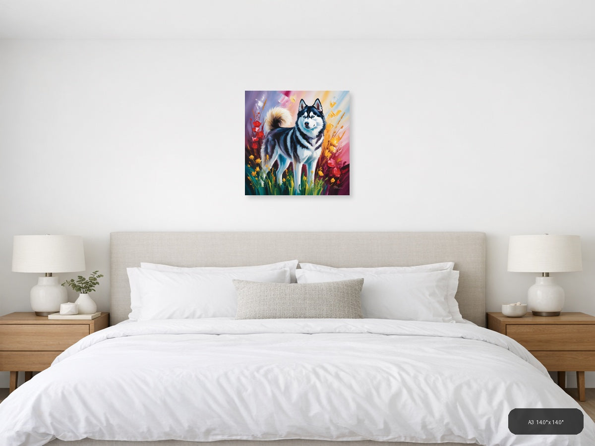 Husky Dog with Colorful Flowers Abstract Wall Art — A3 / Bedroom
