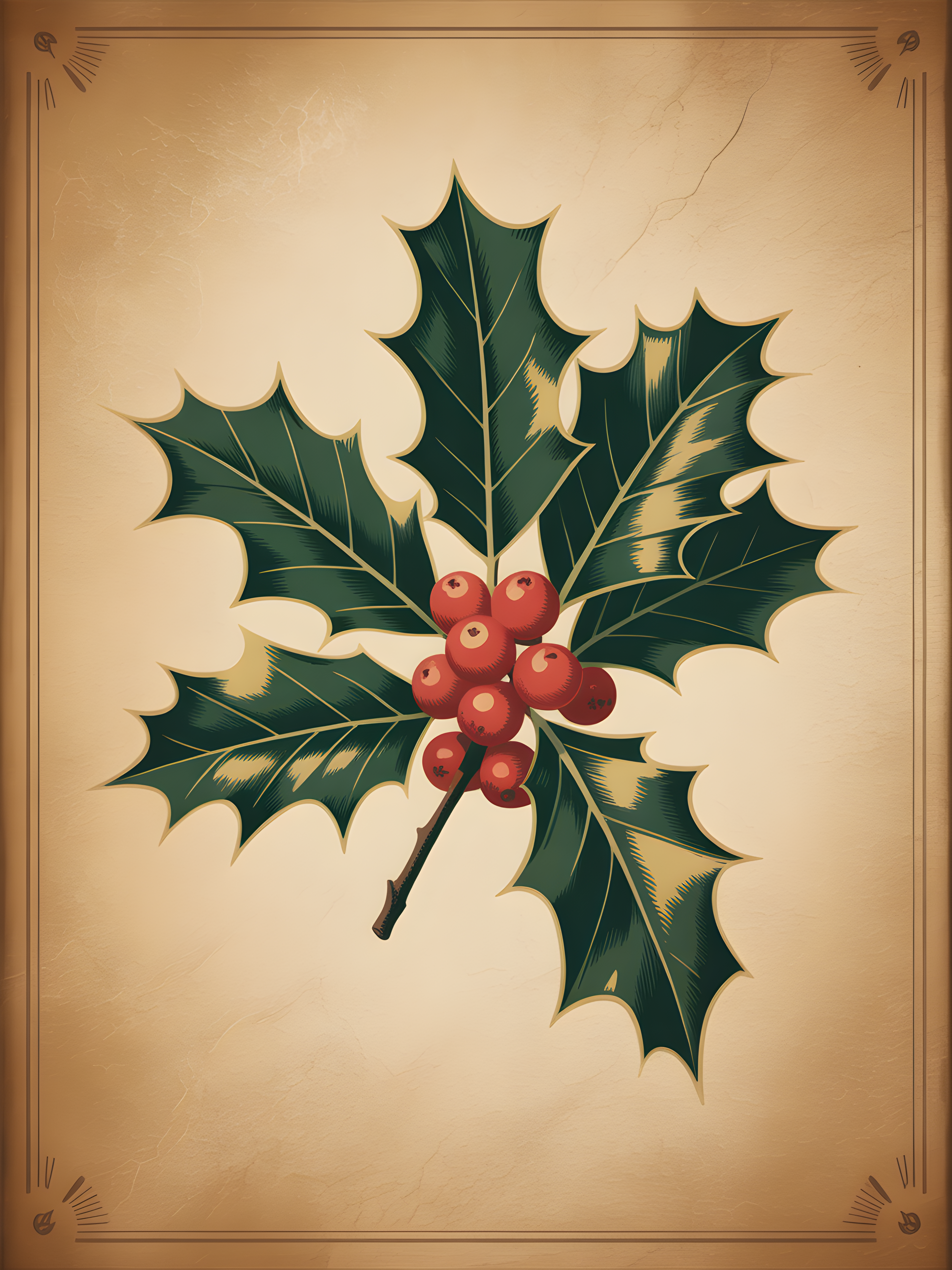 Vintage Holly Berries & Leaves Portrait Wall Art