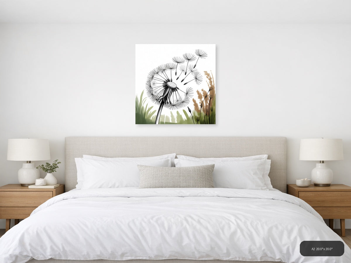 Dandelion Line Art Black Ink Botanical Wall Art — A2 / Bedroom