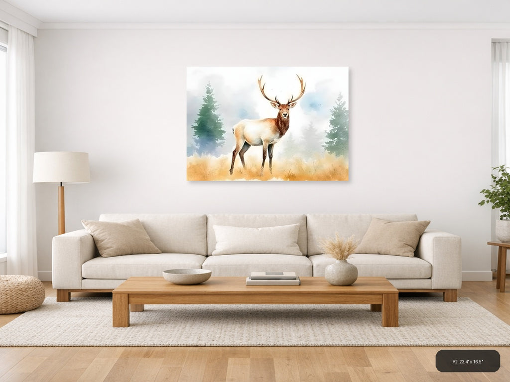 Majestic Elk in Forest Watercolor Wall Art — A2 / Living Room
