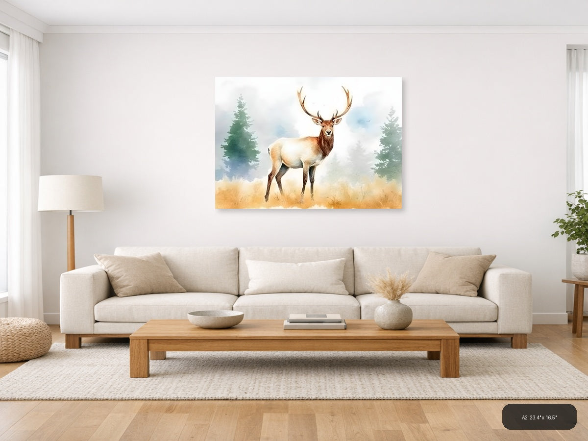 Majestic Elk in Forest Watercolor Wall Art — A2 / Living Room