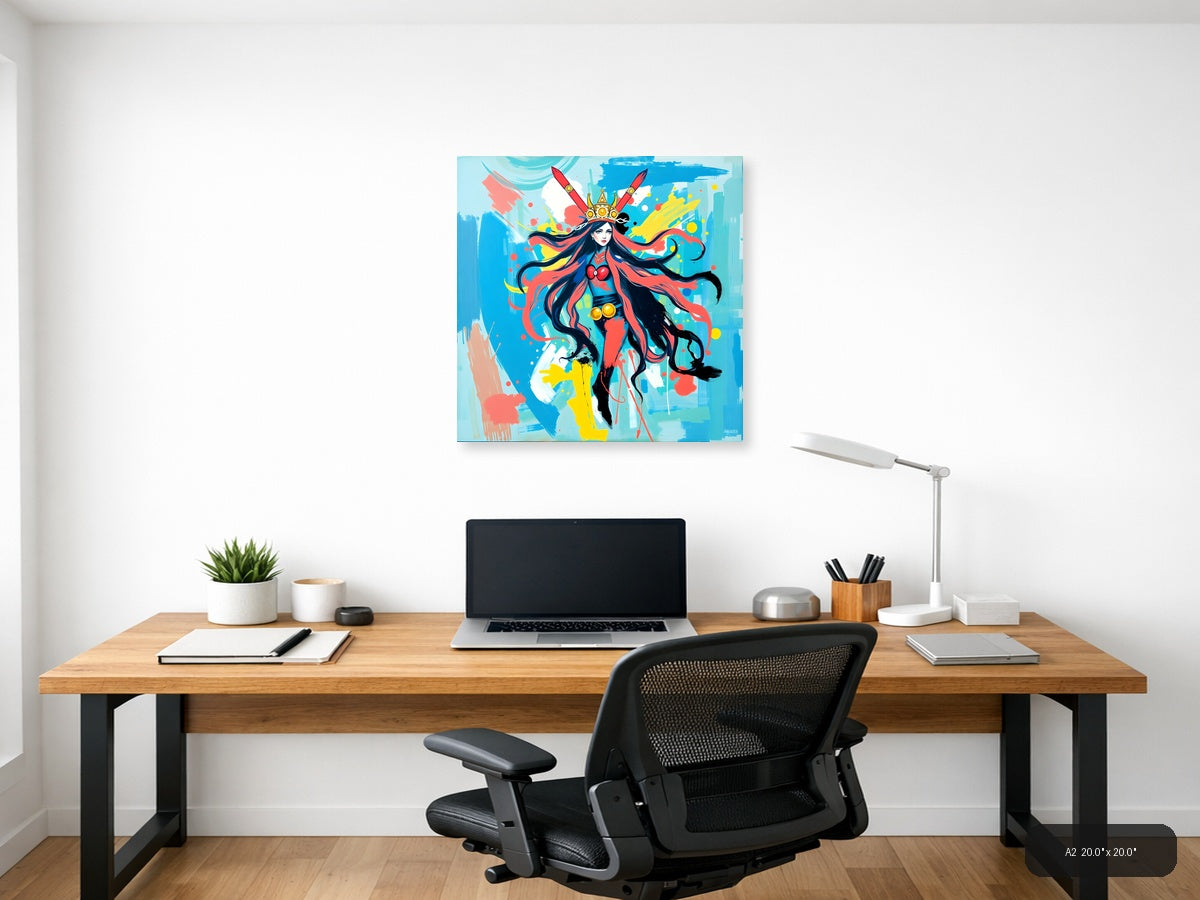 Vibrant Abstract Warrior Queen with Crown Wall Art — A2 / Office