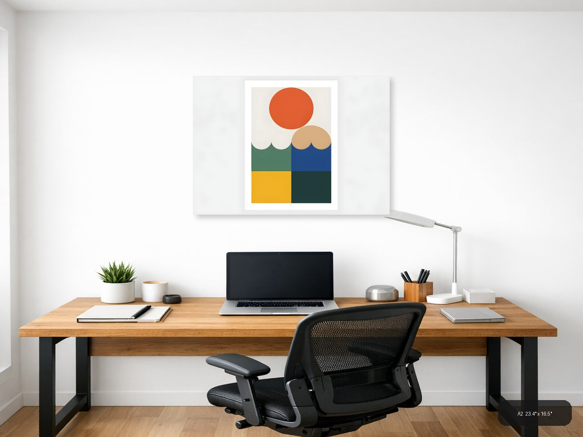 Minimalist Geometric Landscape with Sun and Water Wall Art — A2 / Office