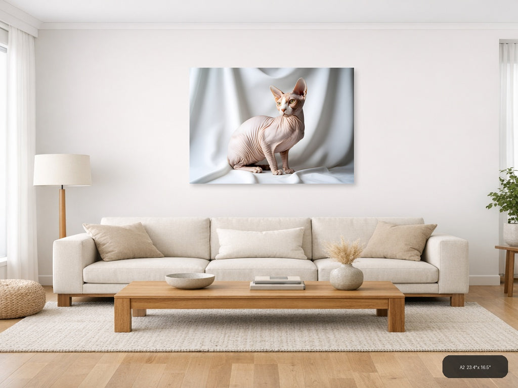 Minimalist Hairless Cat Portrait Landscape Wall Art — A2 / Living Room