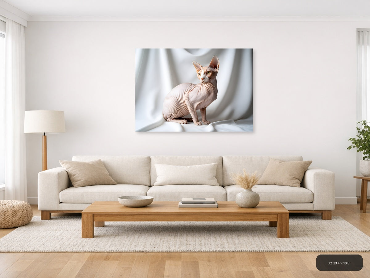 Minimalist Hairless Cat Portrait Landscape Wall Art — A2 / Living Room