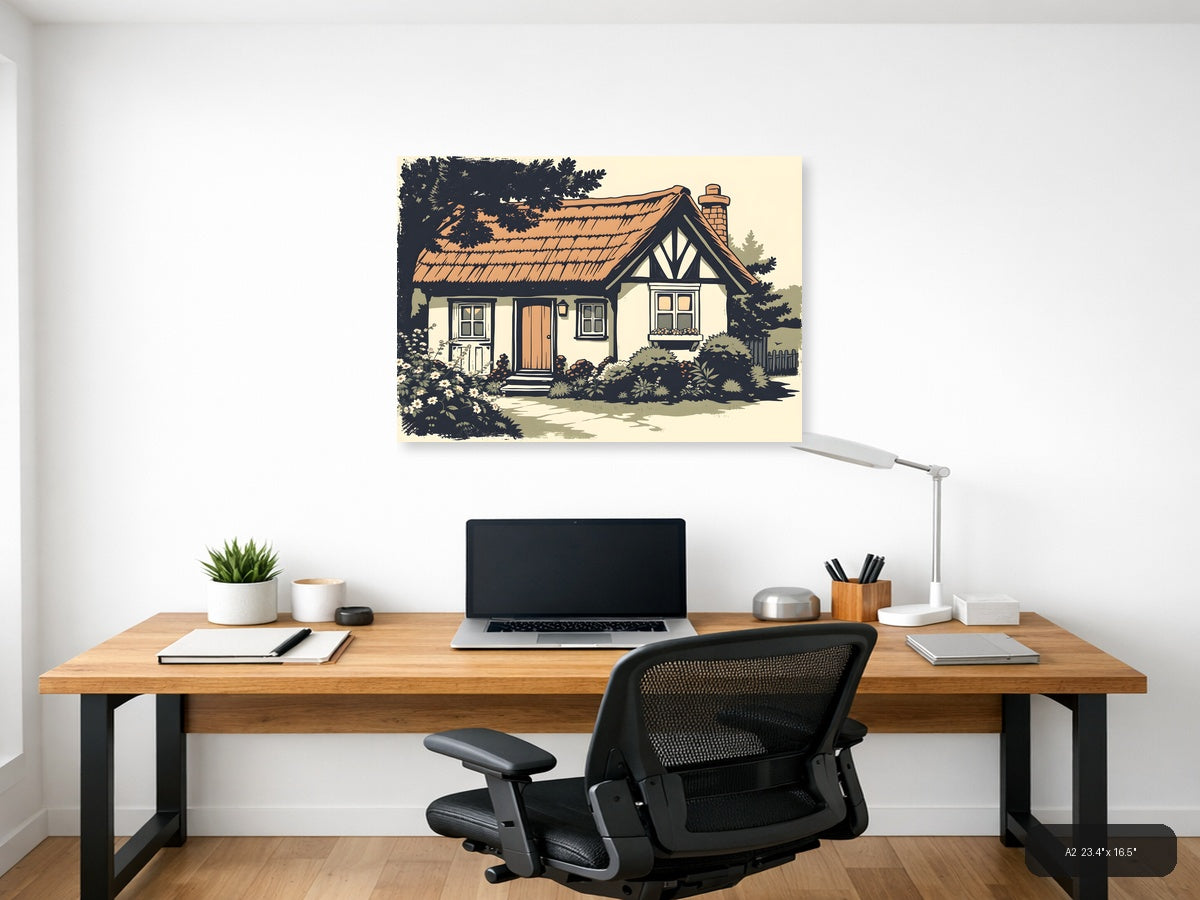 Vintage Cottage House with Garden - Landscape Wall Art — A2 / Office
