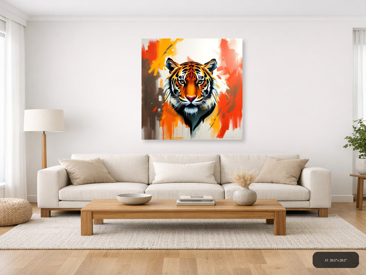 Abstract Tiger Head Orange Splash Modern Wall Art — A1 / Living Room