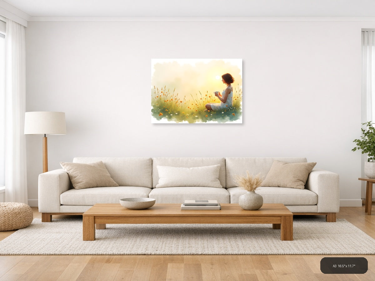 Woman in Wildflower Field at Sunrise Watercolor Wall Art — A3 / Living Room