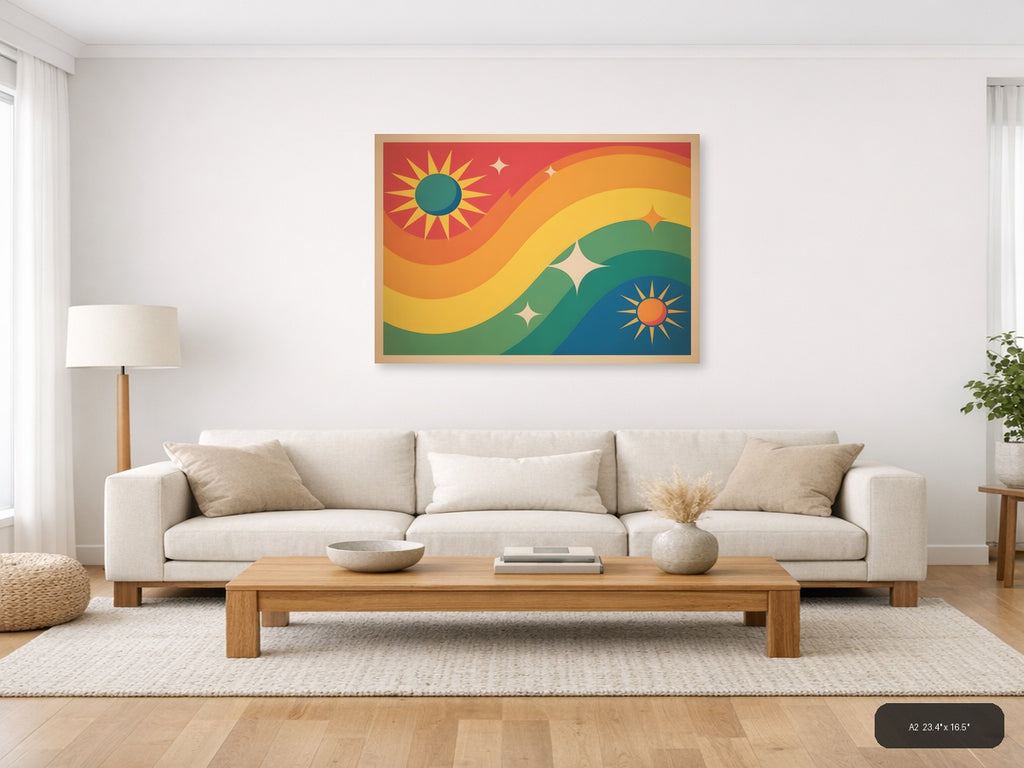Vintage Sunset Landscape with Suns & Stars Wall Art — A2 / Living Room