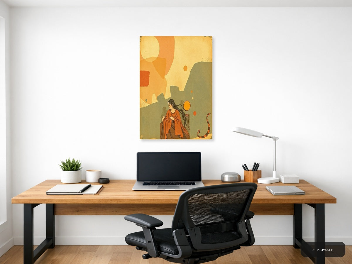 Woman with Clock Vintage Landscape Wall Art — A1 / Office