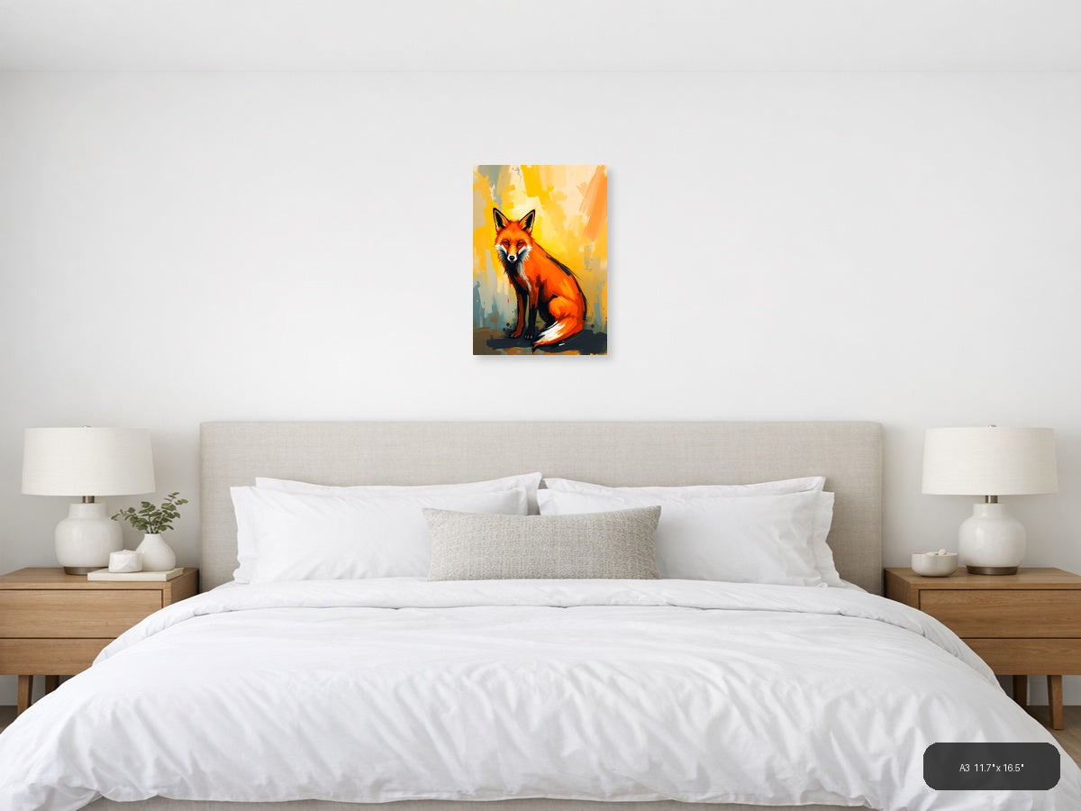 Abstract Red Fox Portrait with Yellow Background Wall Art — A3 / Bedroom