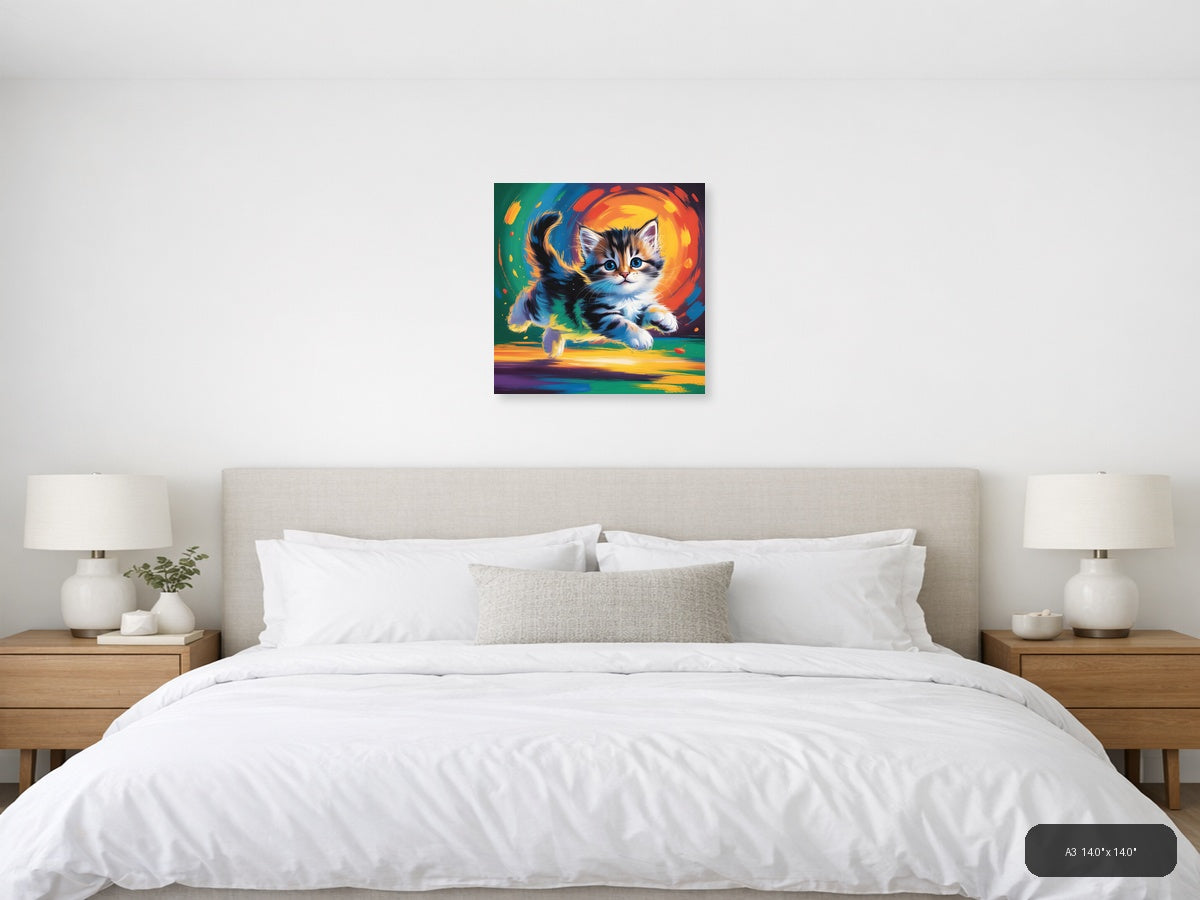 Colorful Abstract Kitten with Blue Eyes Wall Art — A3 / Bedroom