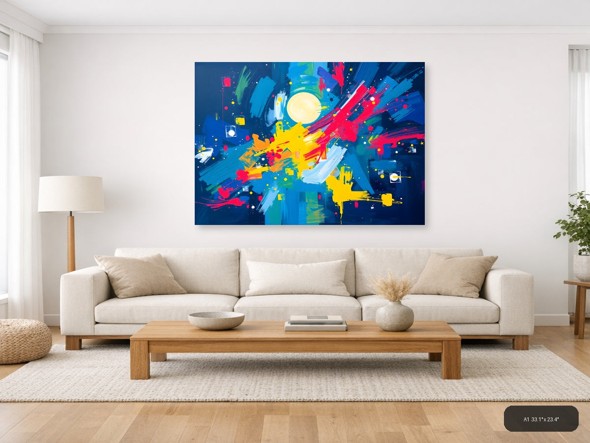 Vibrant Abstract Moon & Explosion Blue Canvas Wall Art — A1 / Living Room
