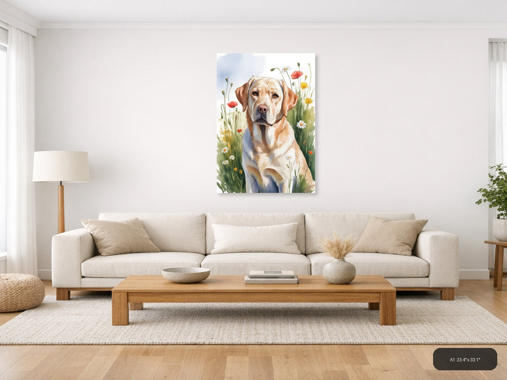 Golden Labrador in Wildflower Garden Watercolor Wall Art — A1 / Living Room