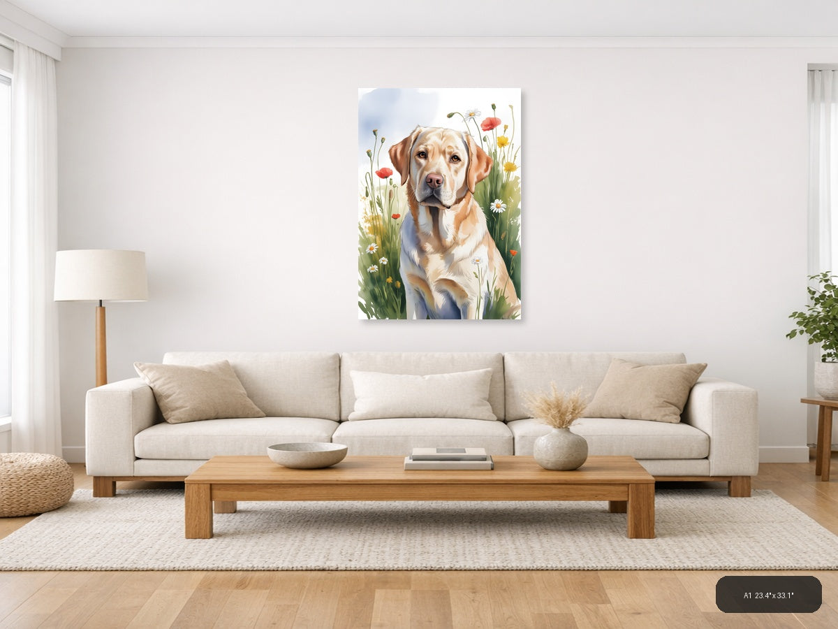 Golden Labrador in Wildflower Garden Watercolor Wall Art — A1 / Living Room