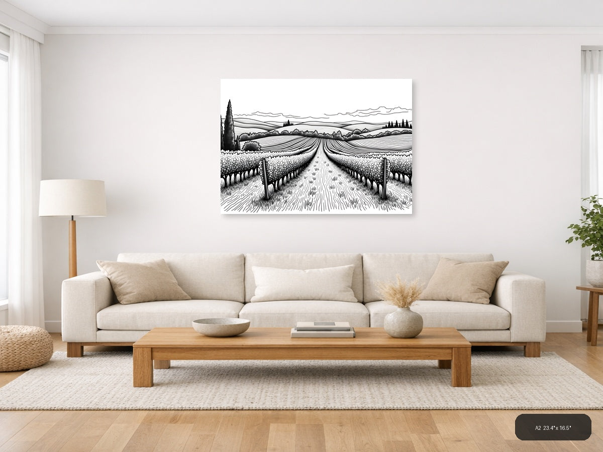 Tuscan Vineyard Landscape Line Art Wall Art — A2 / Living Room