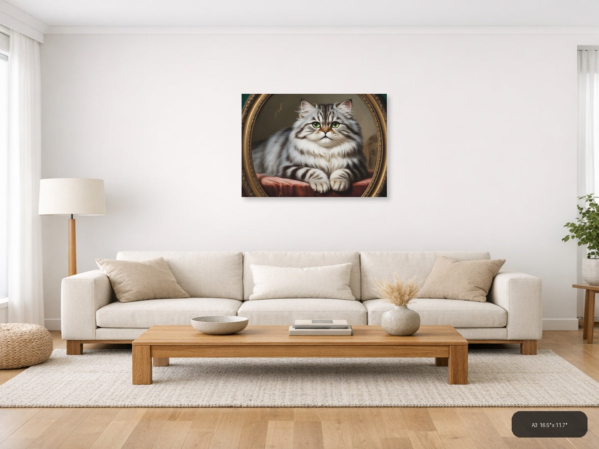 Fluffy Tabby Cat Portrait - Vintage Style Wall Art — A3 / Living Room